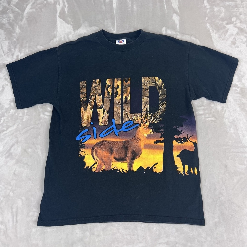 Vintage TNT Wild Side Buck Shirt Adult Large Black AOP Deer Hunting 90s Nature